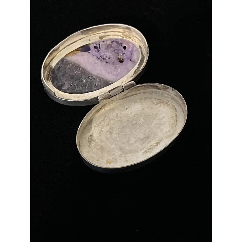Sterling Silver Opalized Fluorite Cabochon Vintage Handmade Rare Pill Box Mexico